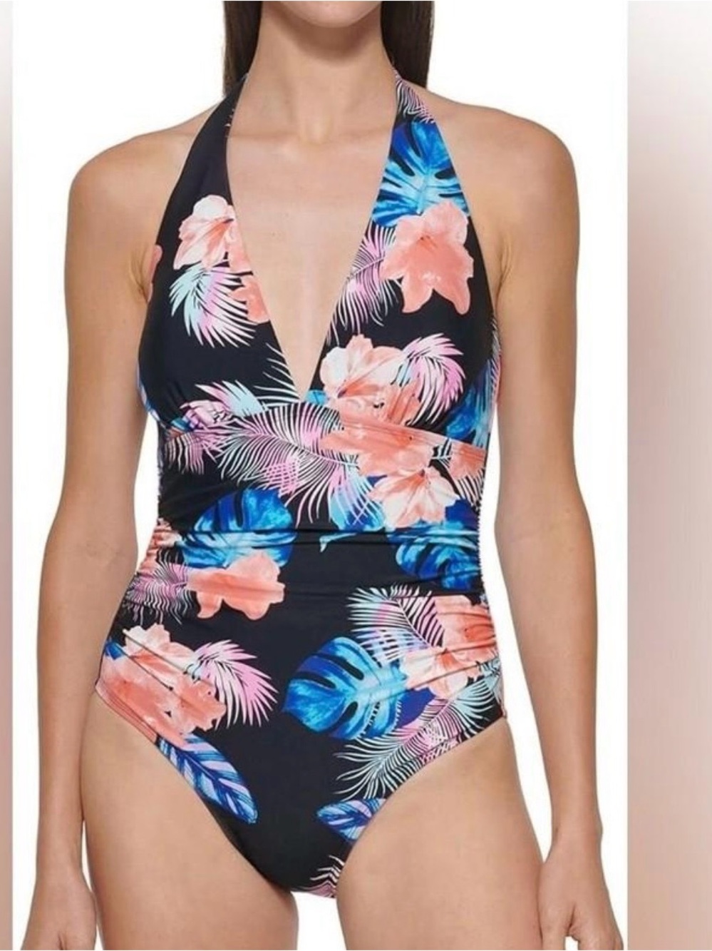 DKNY women’s L halter top shirred‎ one piece swimsuit with tummy control design